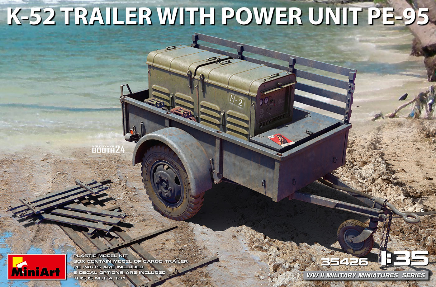 MiniArt K-52 TRAILER w/POWER UNIT PE-95 features the K-52 Trailer with Power Unit PE-95 in a 1:35 scale 1