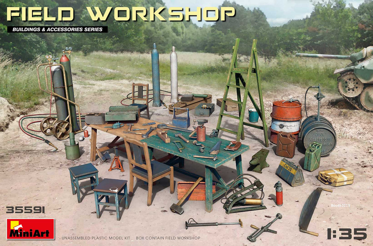 FIELD WORKSHOP. Kit contains models of: gas cylinders, ladders, table, buckets, cart, anvil, beams, jack stand and tools