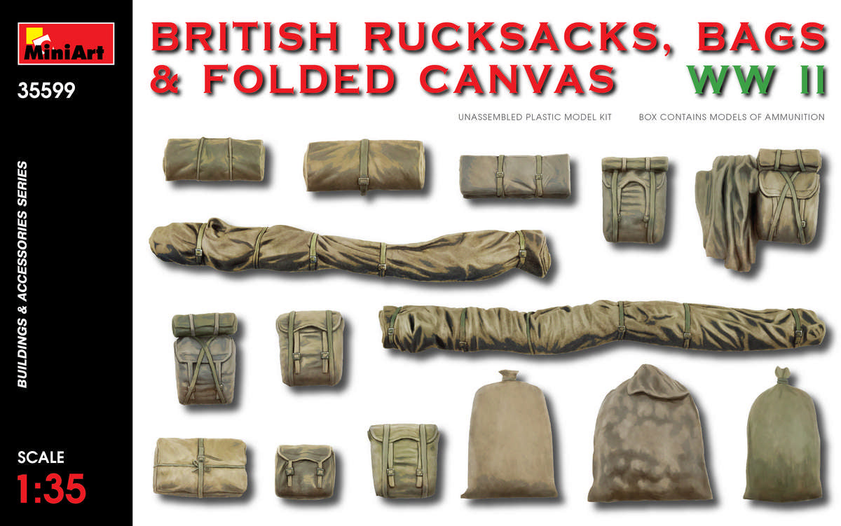 BRITISH RUCKSACKS, BAGS & FOLDED CANVAS WWII Box contains models of British Ammunition.
