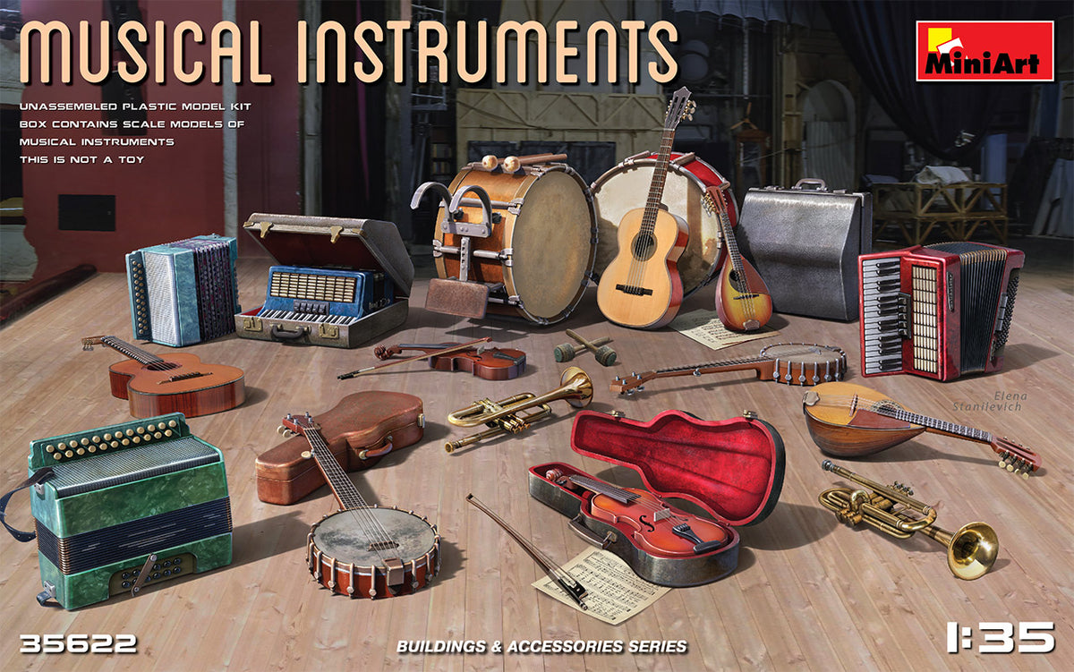 MUSICAL INSTRUMENTS UNASSEMBLED PLASTIC MODEL KITBOX CONTAINS SCALE MODELS OF MUSICAL INSTRUMENTS