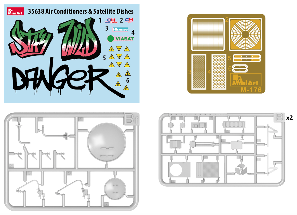 AIR CONDITIONERS & SATELLITE DISHES Unassembled Plastic Model KitBox Contains Models Of Air Conditioners & Satellite DishesDecal Sheet and PE Included