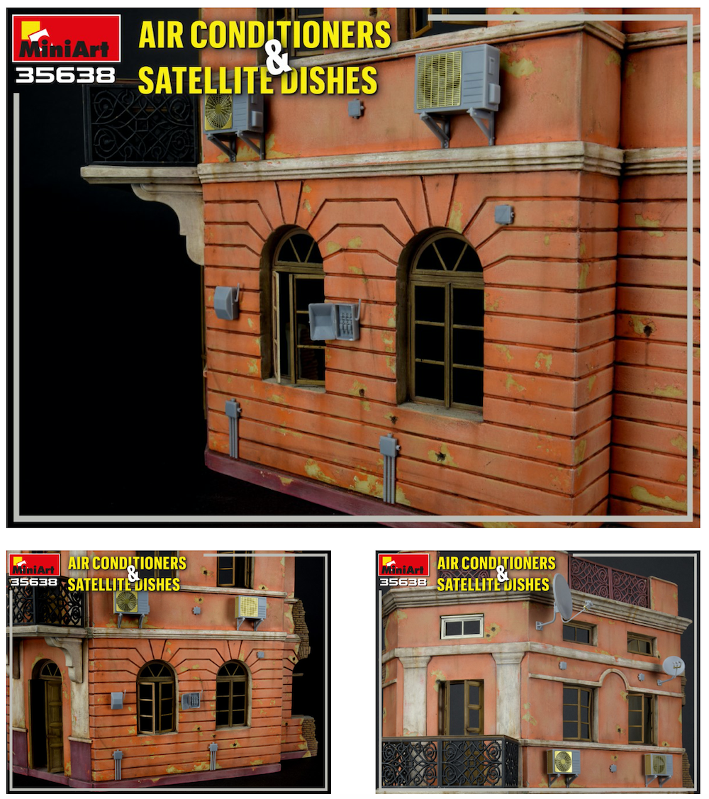AIR CONDITIONERS & SATELLITE DISHES Unassembled Plastic Model KitBox Contains Models Of Air Conditioners & Satellite DishesDecal Sheet and PE Included