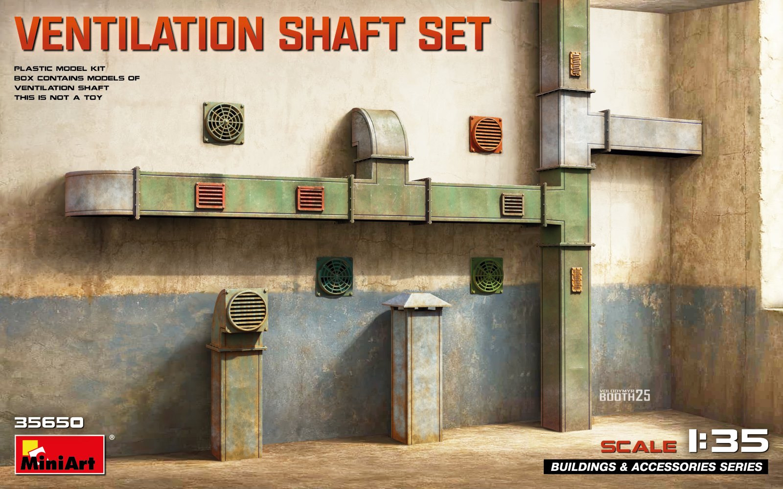 Model kit packaging for a ventilation shaft set with detailed illustrations on a beige background.