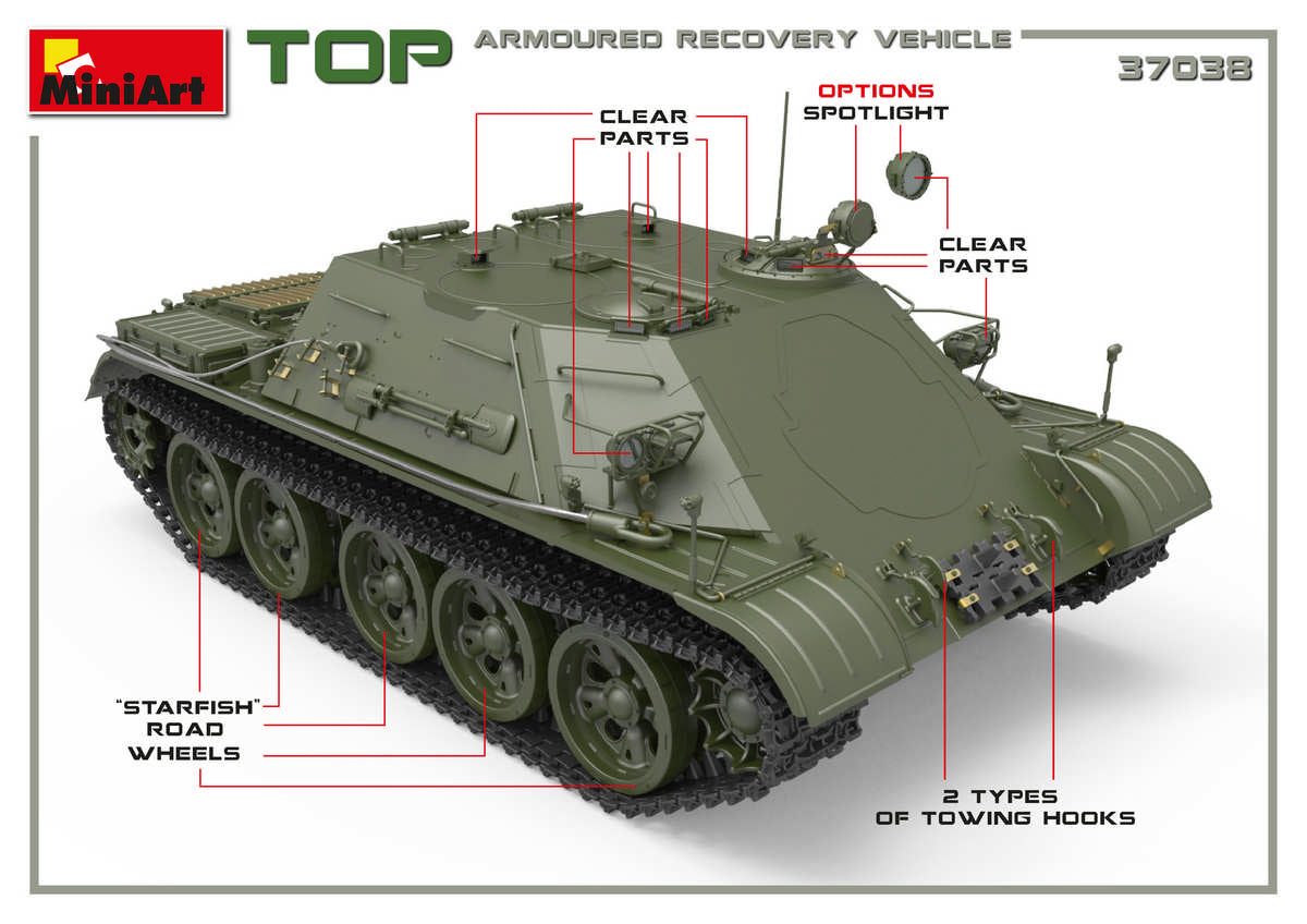 Soviet TOP Armoured Recovery Vehicle ALL HATCHES CAN BE POSED OPEN OR CLOSED SEPARATED OMSh TRACKSPHOTO-ETCHED PARTS INCLUDEDCLEAR PARTS INCLUDEDDECALS SHEET FOR 3 VARIANTS