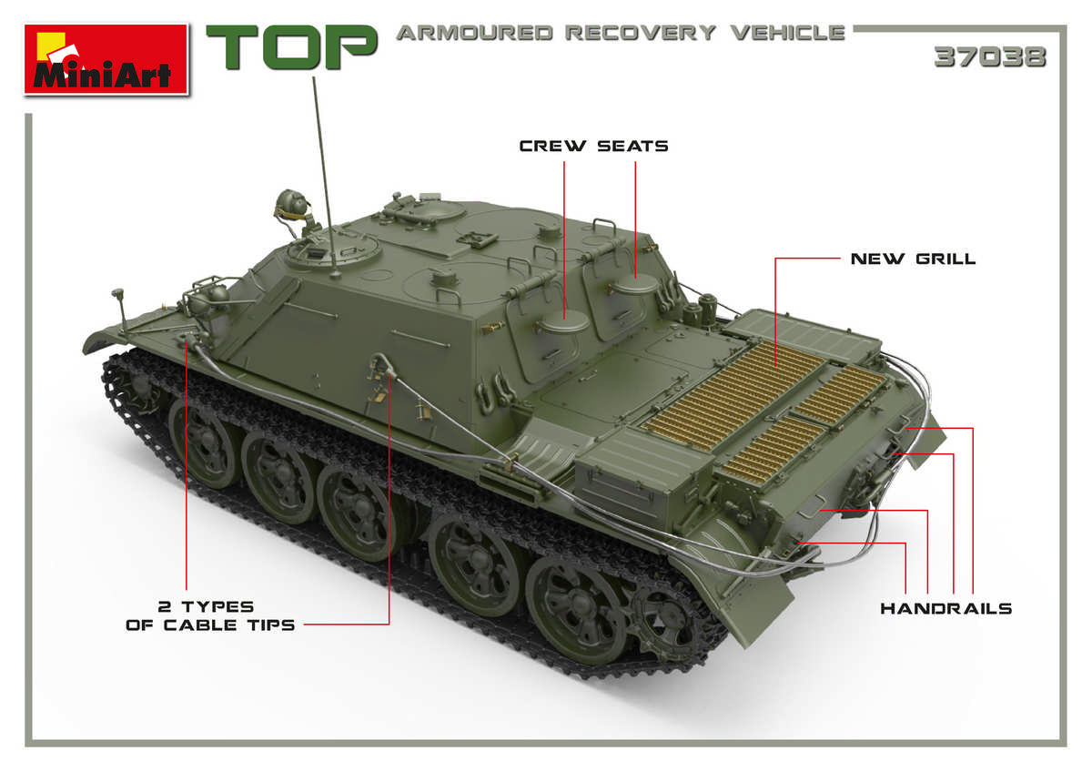 Soviet TOP Armoured Recovery Vehicle ALL HATCHES CAN BE POSED OPEN OR CLOSED SEPARATED OMSh TRACKSPHOTO-ETCHED PARTS INCLUDEDCLEAR PARTS INCLUDEDDECALS SHEET FOR 3 VARIANTS