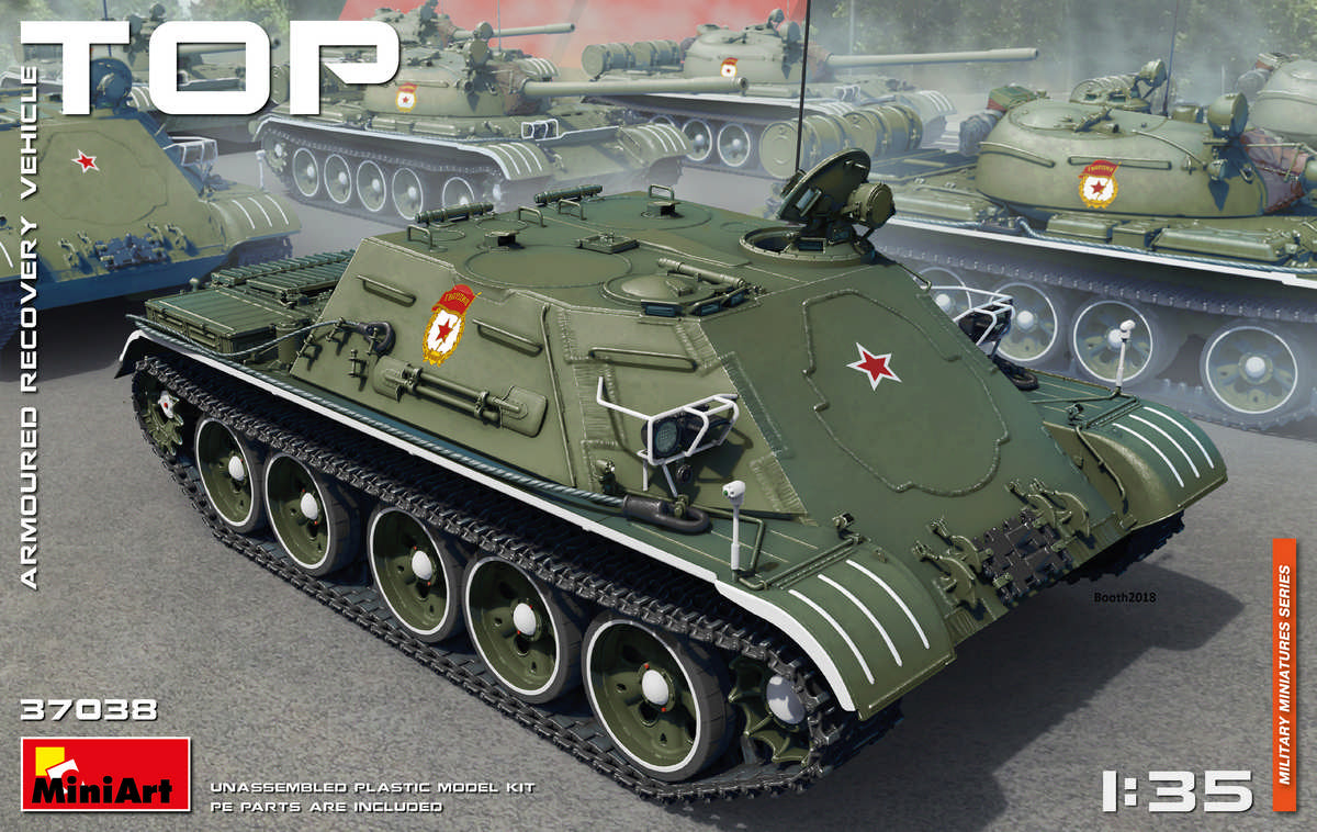 Soviet TOP Armoured Recovery Vehicle ALL HATCHES CAN BE POSED OPEN OR CLOSED SEPARATED OMSh TRACKSPHOTO-ETCHED PARTS INCLUDEDCLEAR PARTS INCLUDEDDECALS SHEET FOR 3 VARIANTS
