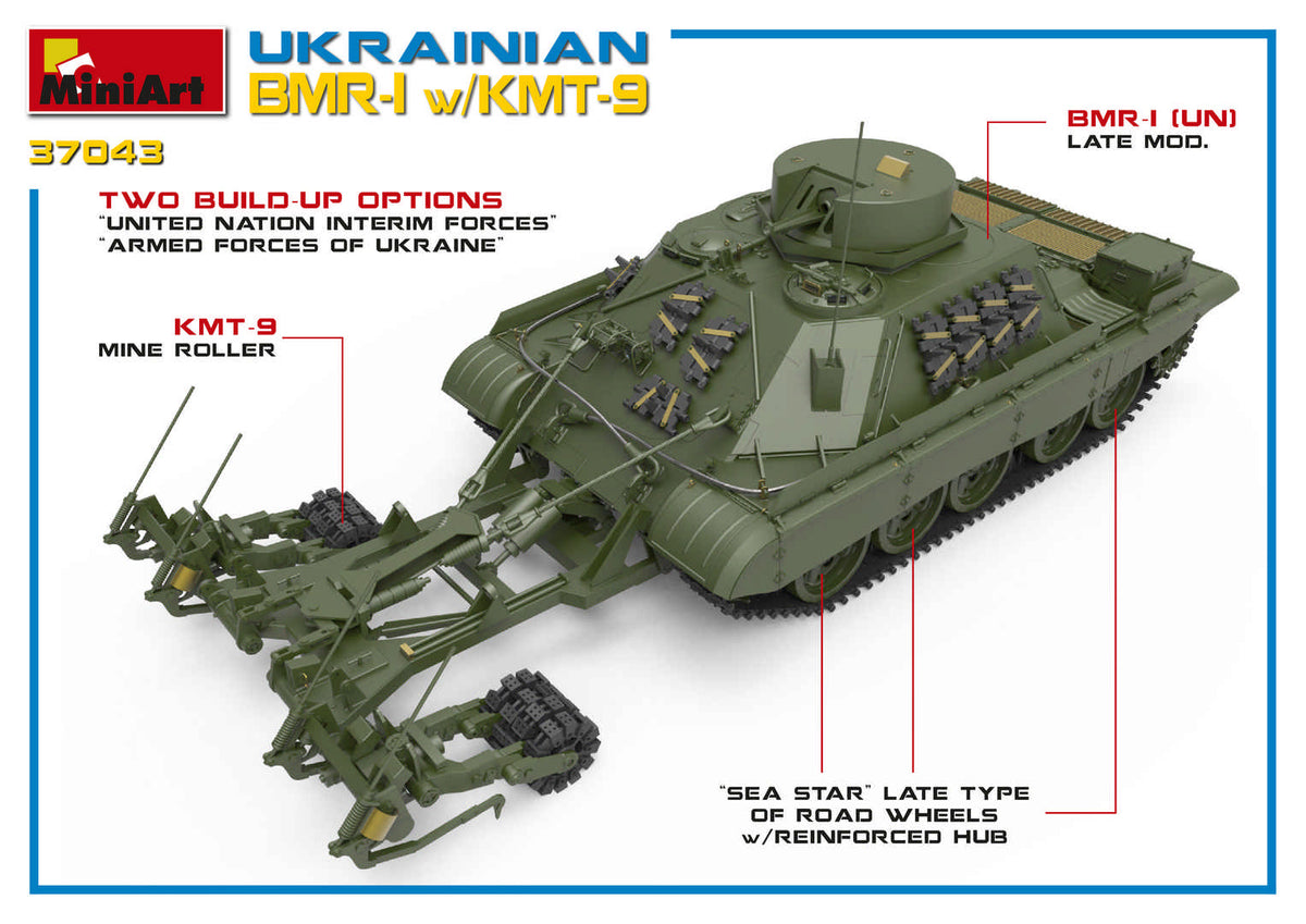 Ukrainian BMR-1 with KMT-9 HIGHLY DETAILED MODELALL HATCHES CAN BE POSED OPEN OR CLOSEDWORKABLE RMSh TRACKSPHOTO-ETCHED PARTS INCLUDEDCLEAR PARTS INCLUDEDDECALS SHEET FOR 4 VARIANTS