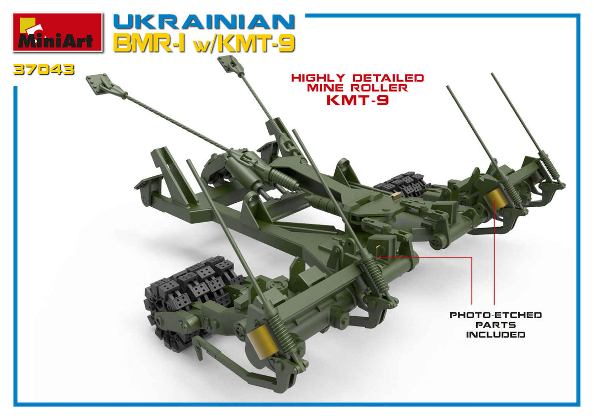 Ukrainian BMR-1 with KMT-9 HIGHLY DETAILED MODELALL HATCHES CAN BE POSED OPEN OR CLOSEDWORKABLE RMSh TRACKSPHOTO-ETCHED PARTS INCLUDEDCLEAR PARTS INCLUDEDDECALS SHEET FOR 4 VARIANTS