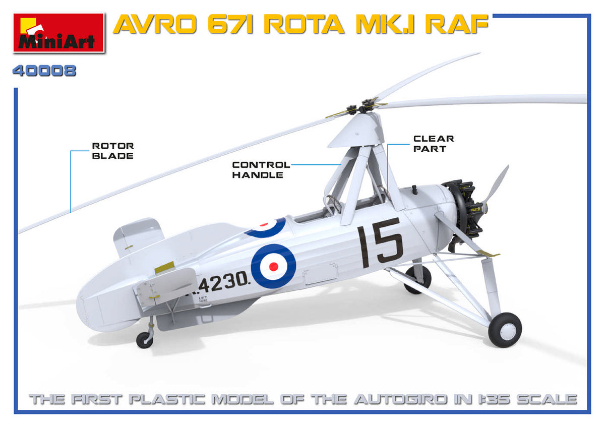AVRO 671 ROTA MK.I RAF HIGHLY DETAILED MODELCLEAR PARTS INCLUDEDHATCHES CAN BE OPEN OR CLOSEDPHOTO-ETCHED PARTS INCLUDEDDECAL SHEET FOR 4 VARIANTS