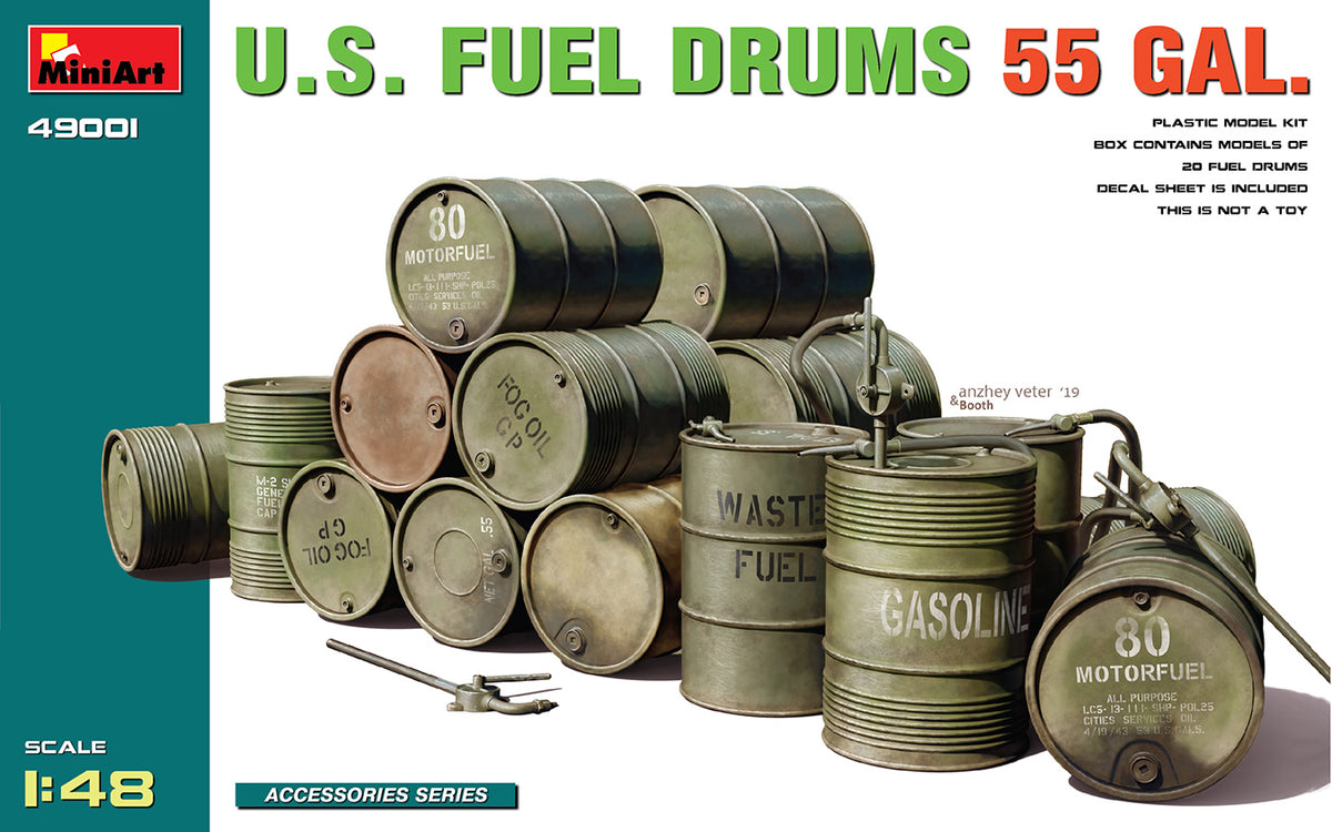U.S. FUEL DRUMS 55 GAL. Unassembled Plastic Model Kit in 1:48 Scale. Box contains 12 Fuel Drums. Decal Sheet Included