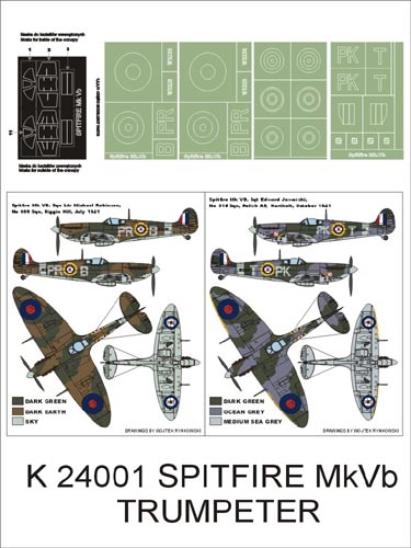 Supermarine Spitfire Mk.VB (canopy frame paint masks (inside and outside)) + insignia and markings masks (designed to be used with Trumpeter kits)