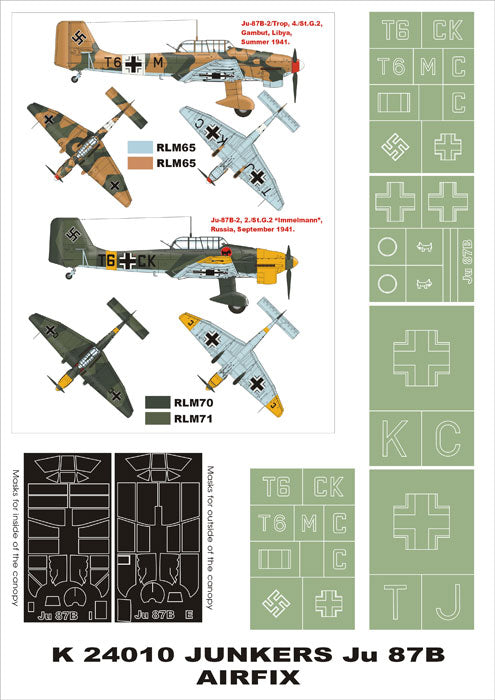 Junkers Ju-87B 'Stuka' (canopy frame paint masks (inside and outside)) + insignia and markings masks (designed to be used with Airfix kits)