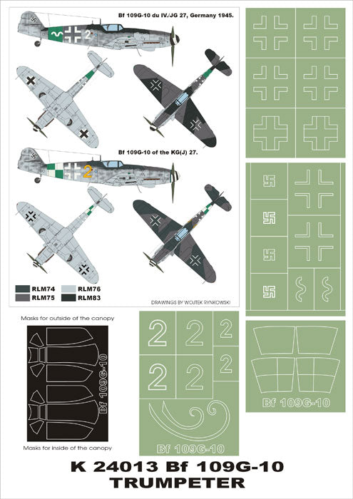 Messerschmitt Bf-109G-10 (canopy frame paint masks (inside and outside)) + insignia and markings masks (designed to be used with Trumpeter kits)