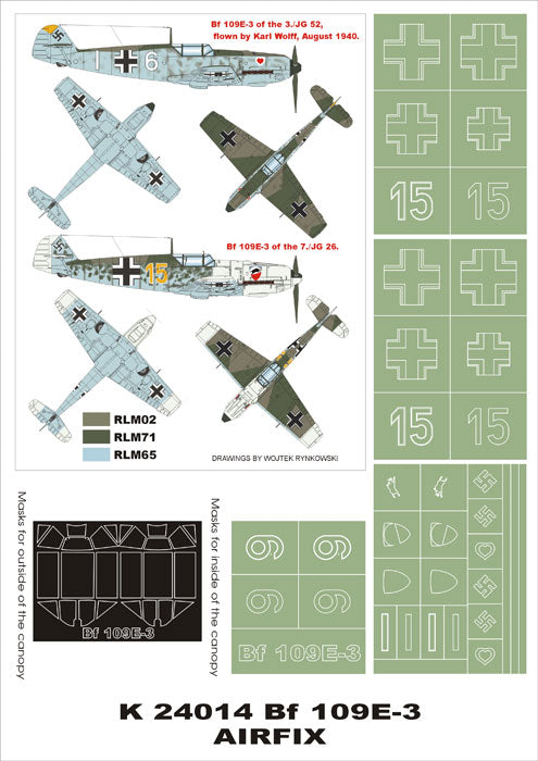 Messerschmitt Bf-109E-3 (canopy frame paint masks (inside and outside)) + insignia and markings masks (designed to be used with Airfix kits)
