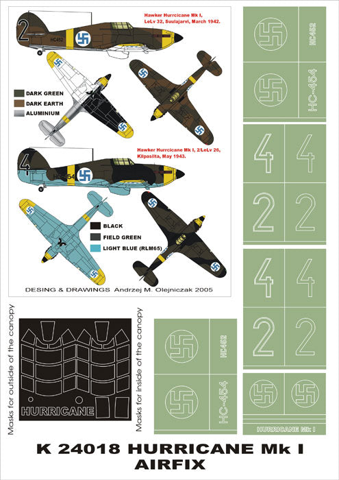 Hawker Hurricane Mk.I (Finland) (canopy frame paint masks (inside and outside)) + insignia and markings masks (designed to be used with Airfix kits)
