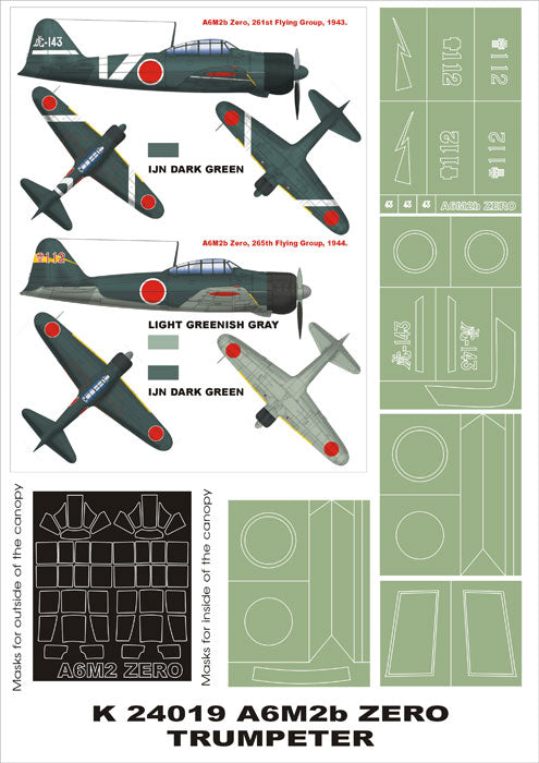 Mitsubishi A6M2b Model 21 Zero (canopy frame paint masks (inside and outside)) + insignia and markings masks (designed to be used with Trumpeter kits)