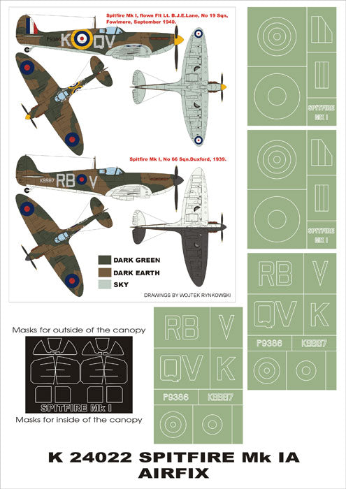 Supermarine Spitfire Mk.I (canopy frame paint masks (inside and outside)) + insignia and markings masks (designed to be used with Airfix kits)