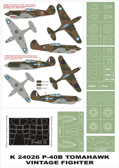 Curtiss P-40B Tomahawk (canopy frame paint masks (inside and outside)) + insignia and markings masks (designed to be used with Vintage kits)