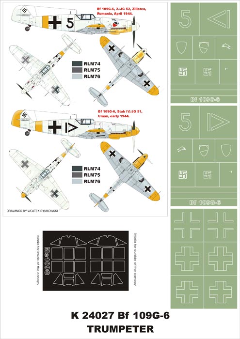 Messerschmitt Bf-109G-6 (canopy frame paint masks (inside and outside)) + insignia and markings masks (designed to be used with Trumpeter kits)