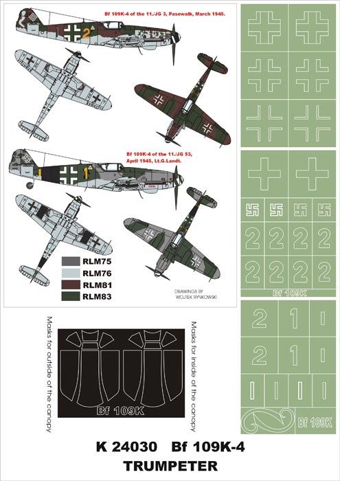Messerschmitt Bf-109K-4 (canopy frame paint masks (inside and outside)) + insignia and markings masks (designed to be used with Trumpeter kits)