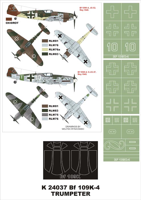 Messerschmitt Bf-109K-4 (canopy frame paint masks (inside and outside)) + insignia and markings masks (designed to be used with Trumpeter kits)