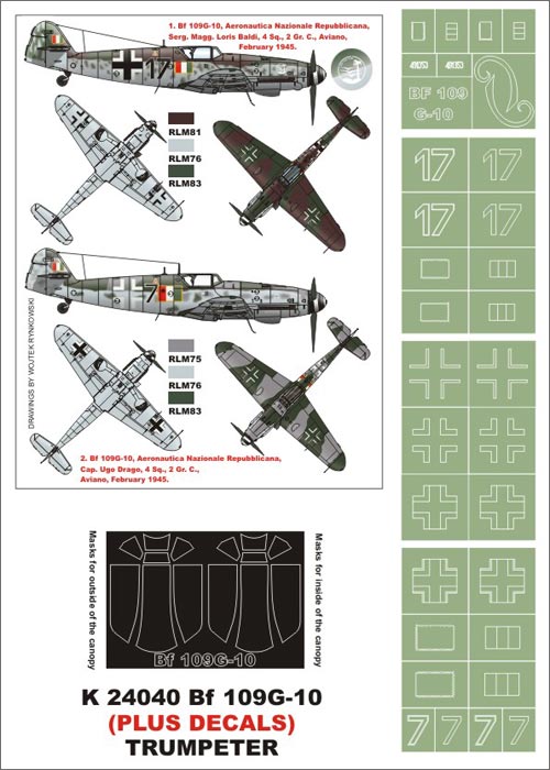 Messerschmitt Bf-109G-10 (Italy) (canopy frame paint masks (inside and outside)) + insignia and markings masks + decals (designed to be used with Trumpeter kits)