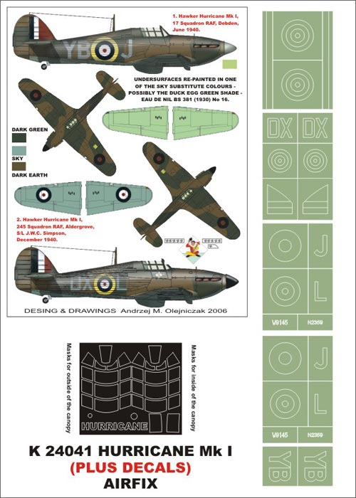 Hawker Hurricane Mk.I (BoB) (canopy frame paint masks (inside and outside)) + insignia and markings masks + decals (designed to be used with Airfix kits)