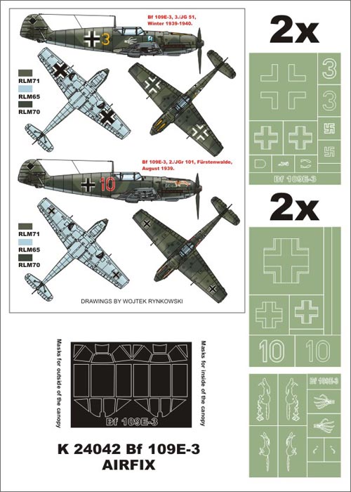 Messerschmitt Bf-109E-3 (canopy frame paint masks (inside and outside)) + insignia and markings masks (designed to be used with Airfix kits)