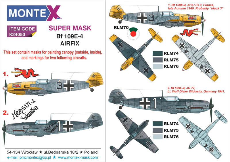 Messerschmitt Bf-109E-4 (canopy frame paint masks (inside and outside)) + insignia and markings masks (designed to be used with Airfix kits)