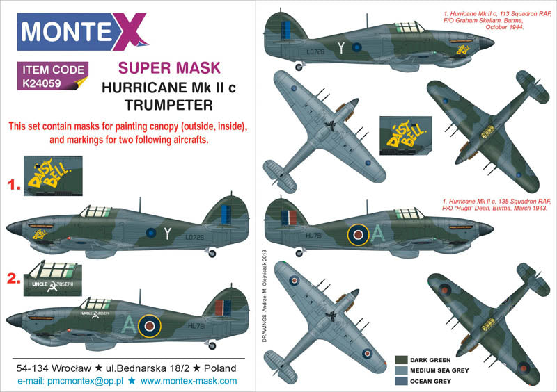 Hawker Hurricane Mk.IIc (canopy frame paint masks (inside and outside)) + insignia and markings masks (designed to be used with Trumpeter kits)
