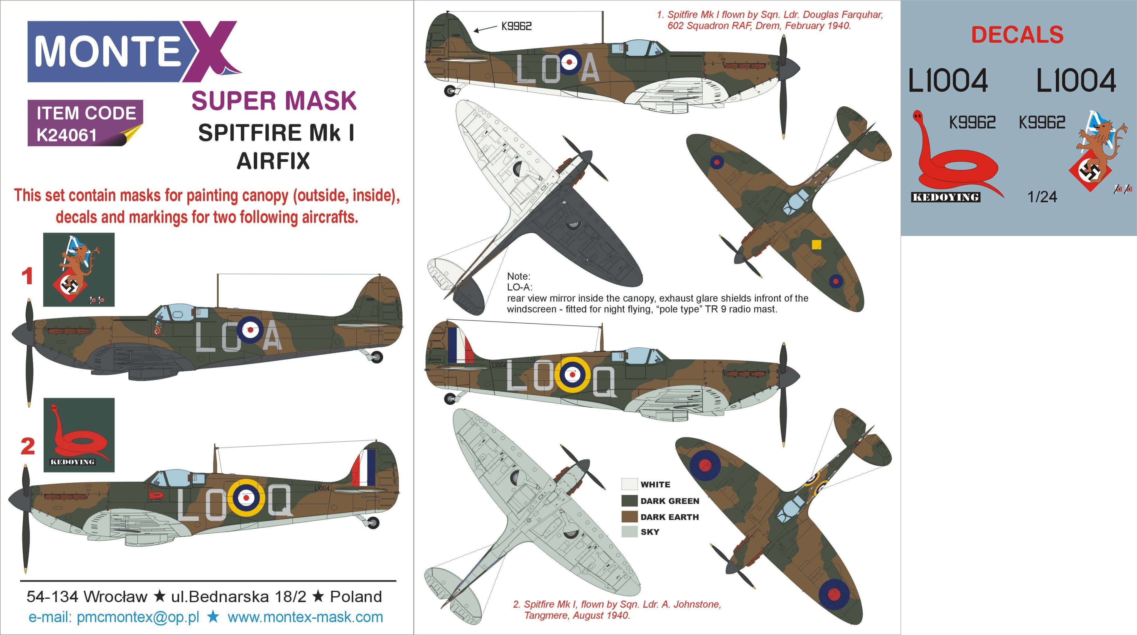Supermarine Spitfire Mk.I (canopy frame paint masks (inside and outside)) + insignia and markings masks + decals for under canopy artwork (designed to be used with Airfix kits)