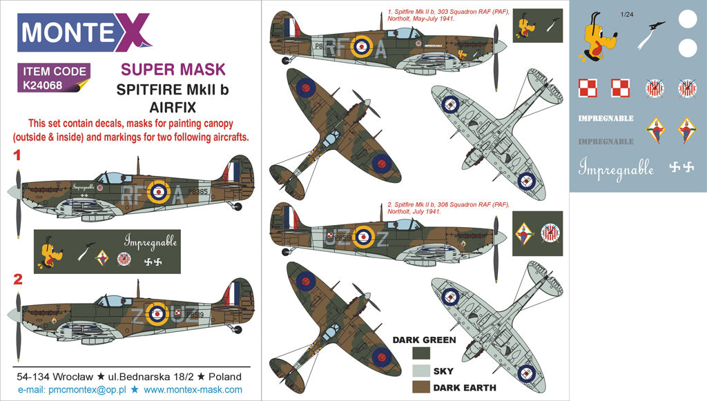 Supermarine Spitfire Mk.IIb (canopy frame paint masks (inside and outside)) + insignia and markings masks + decals (designed to be used with Airfix kits)