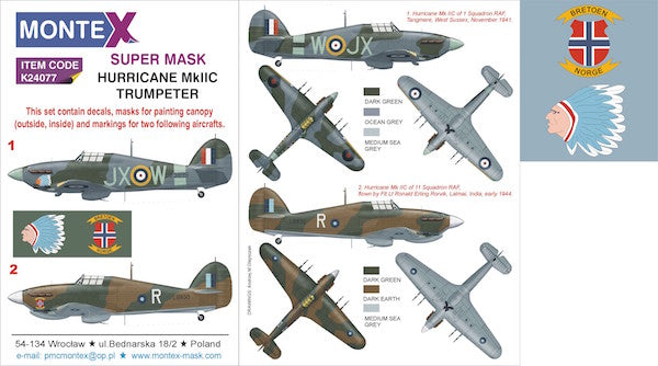 Hawker Hurricane Mk.IIC (designed to be used with Trumpeter kits) 2 canopy mask (interior and exterior canopy frame mask) + insignia and markings masks + decals