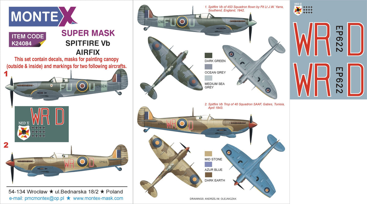 Supermarine Spitfire Mk.Vb 2 canopy mask (interior and exterior canopy frame mask) + insignia and markings masks + decals