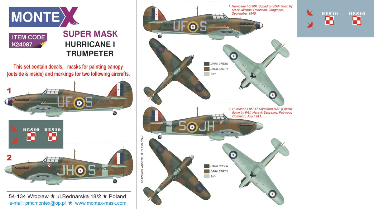 Hawker Hurricane Mk.I 2 canopy mask (interior and exterior canopy frame mask) + insignia and markings masks + decals (designed to be used with Trumpeter kits)