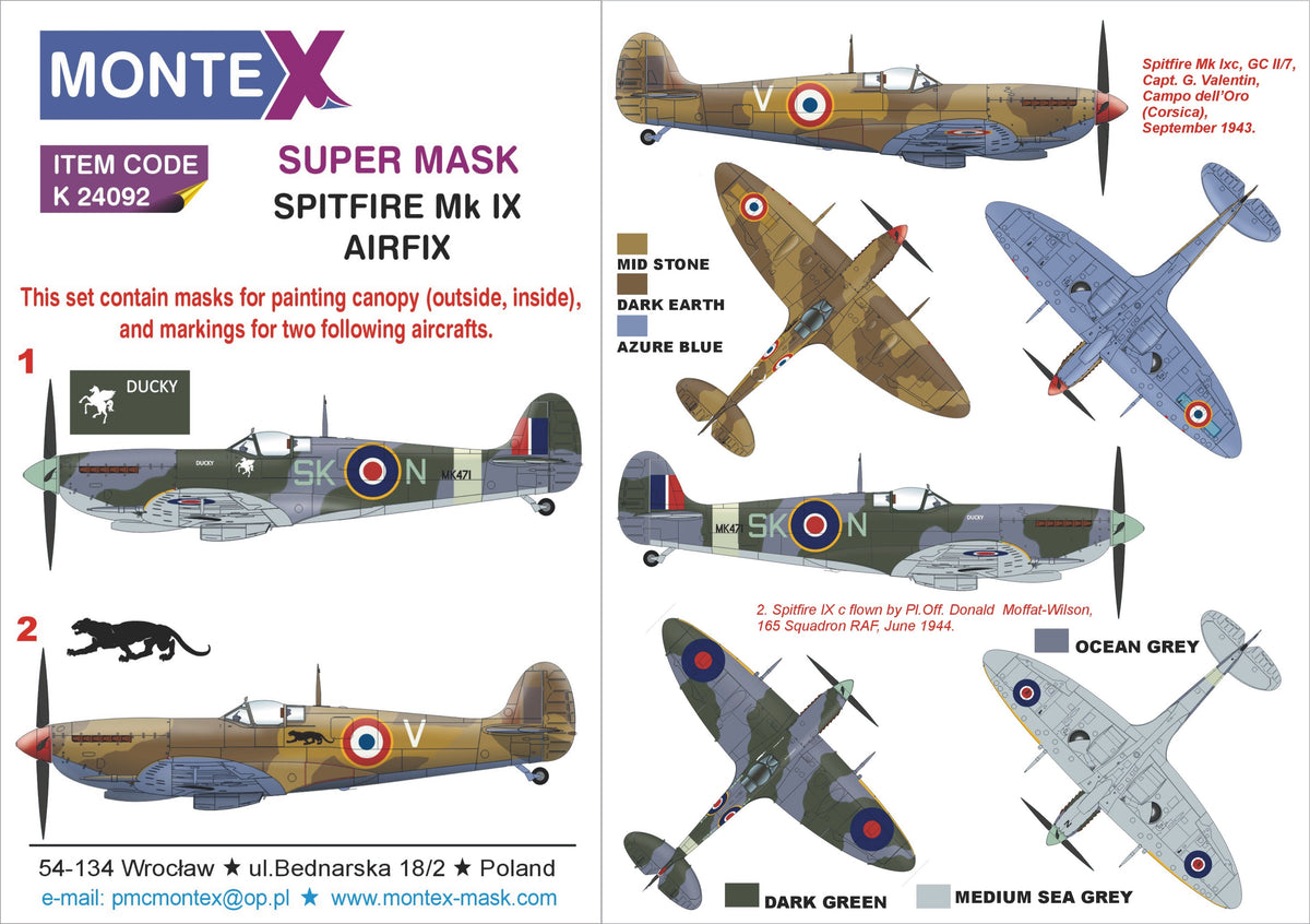 Supermarine Spitfire Mk.IXc (designed to be used with Airfix kits) 2 canopy frame paint mask (inside & outside) + 4 insignia masks