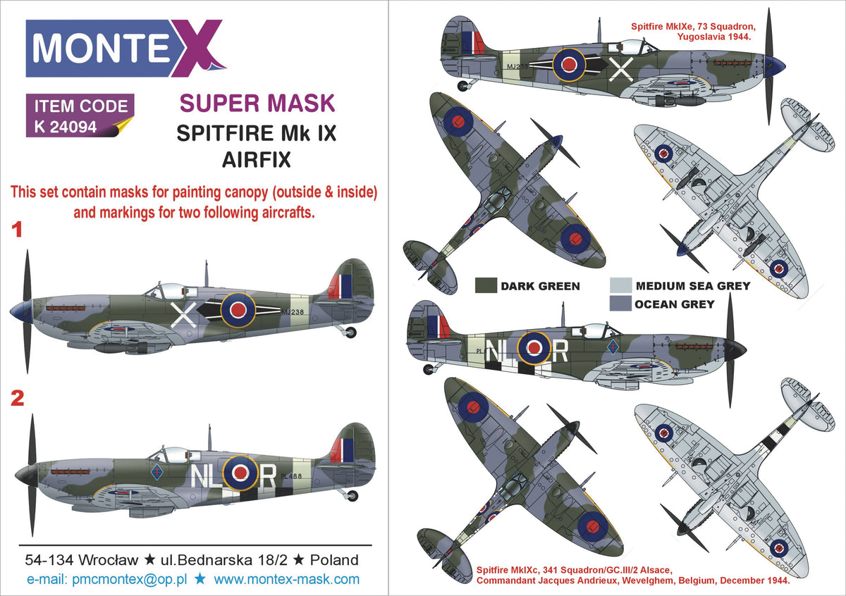 Supermarine Spitfire Mk.IXc (designed to be used with Airfix kits) 2 canopy frame paint mask (inside & outside) + 4 insignia masks