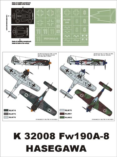 Focke-Wulf Fw-190A-8 (canopy frame paint masks (inside and outside)) insignia and markings masks (designed to be used with Hasegawa kits)
