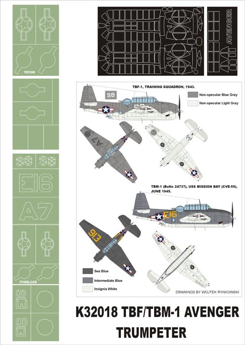 Grumman TBF-1C/TBM-1 Avenger (canopy frame paint masks (inside and outside)) + insignia and markings masks (designed to be used with Trumpeter kits)
