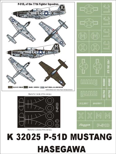 North-American P-51D Mustang (canopy frame paint masks (inside and outside)) + insignia and markings masks (designed to be used with Hasegawa kits)