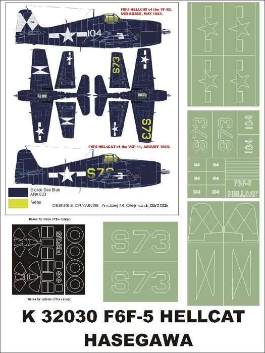 Grumman F6F-5 Hellcat (canopy frame paint masks (inside and outside)) + insignia and markings masks (designed to be used with Hasegawa kits)