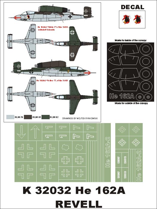 Heinkel He-162A-2 Salamander (canopy frame paint masks (inside and outside)) insignia and markings masks + decals (designed to be used with Revell kits)