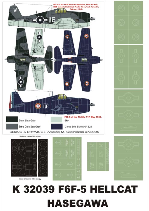 Grumman F6F-3/5 Hellcat (canopy frame paint masks (inside and outside)) + insignia and markings masks (designed to be used with Hasegawa kits)