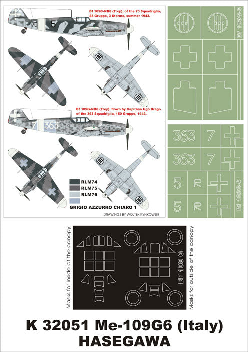 Messerschmitt Bf-109G-6 (Italy) (canopy frame paint masks (inside and outside)) insignia and markings masks (designed to be used with Hasegawa kits)