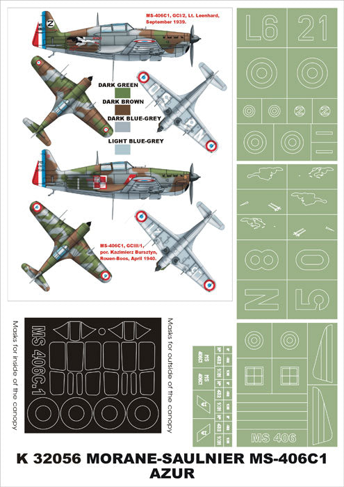 Morane-Saulnier MS.406C1 (canopy frame paint masks (inside and outside)) + insignia and markings masks (designed to be used with AB Toys/Azur kits)