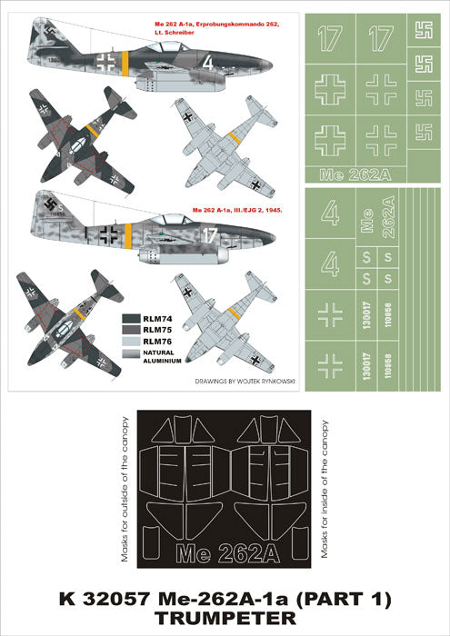 Messerschmitt Me-262A-1a (canopy frame paint masks (inside and outside)) insignia and markings masks (designed to be used with Trumpeter kits)