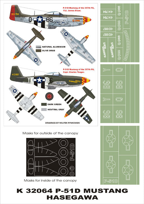 North-American P-51D Mustang (canopy frame paint masks (inside and outside)) + insignia and markings masks (designed to be used with Hasegawa kits)