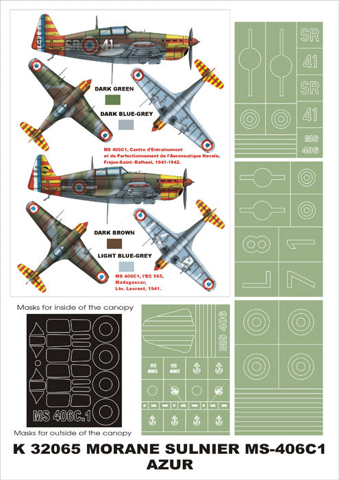 Morane-Saulnier MS.406C1 (Vichy) (canopy frame paint masks (inside and outside)) + insignia and markings masks (designed to be used with AB Toys/Azur kits)