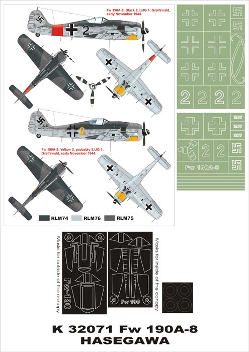 Focke-Wulf Fw-190A-8 (canopy frame paint masks (inside and outside)) insignia and markings masks (designed to be used with Hasegawa kits)