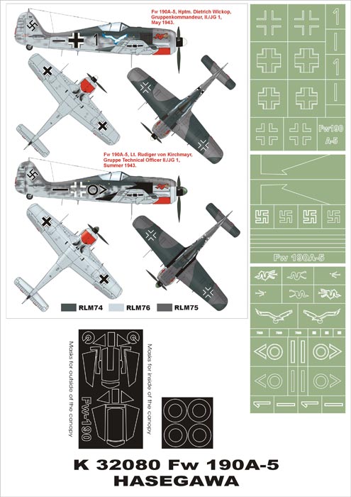 Focke-Wulf Fw-190A-5 (canopy frame paint masks (inside and outside)) + insignia and markings masks (designed to be used with Hasegawa and Hobby 2000 kits)